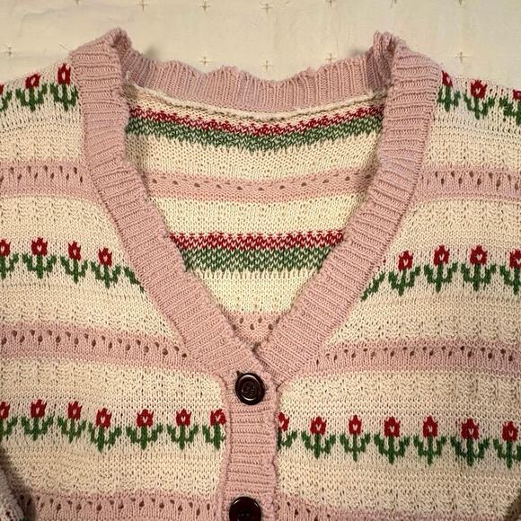 Kawaii Harajuko Style Cardigan Sweater Women's OS Cream Pink Scalloped Pointelle - Picture 4 of 9